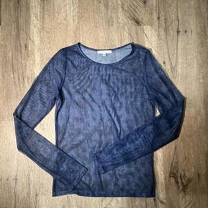 Blue leopard print mesh long sleeve top